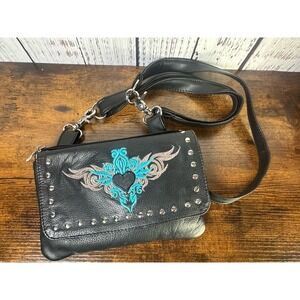 Hot Leathers Shoulder Black Purse Wings Heart Turquoise Blue Studs Crossbody
